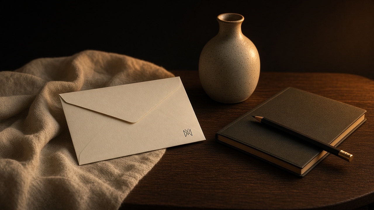 AI-generated studio still of a letter and ceramic bottle