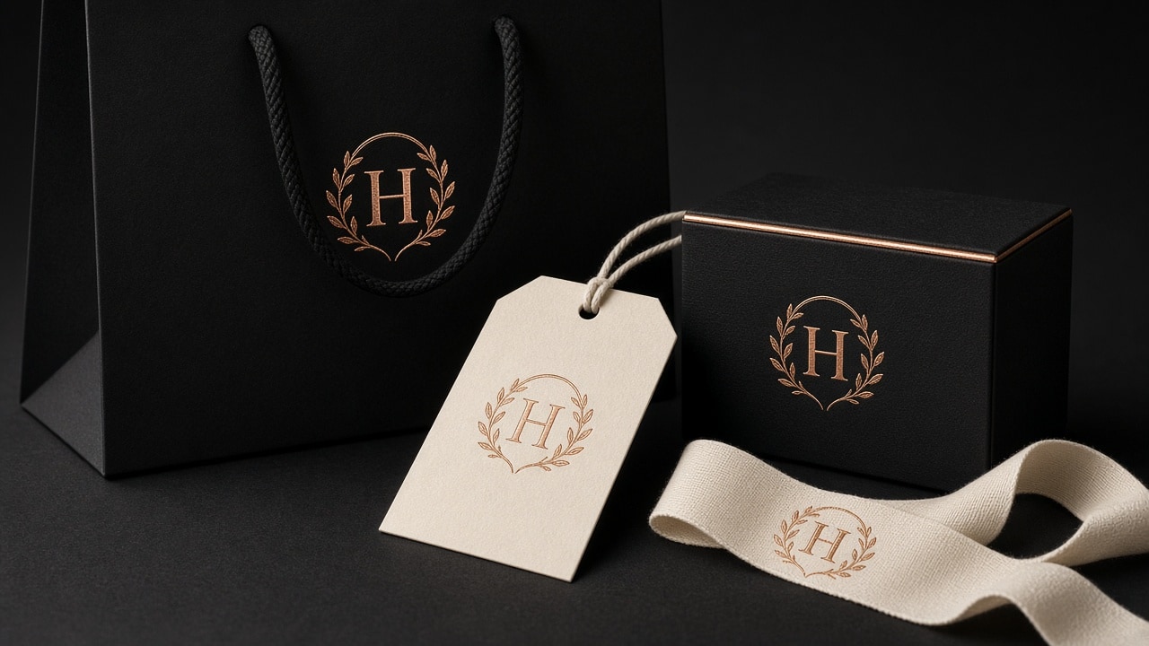 AI-generated brand system on bag, box, and hang tag