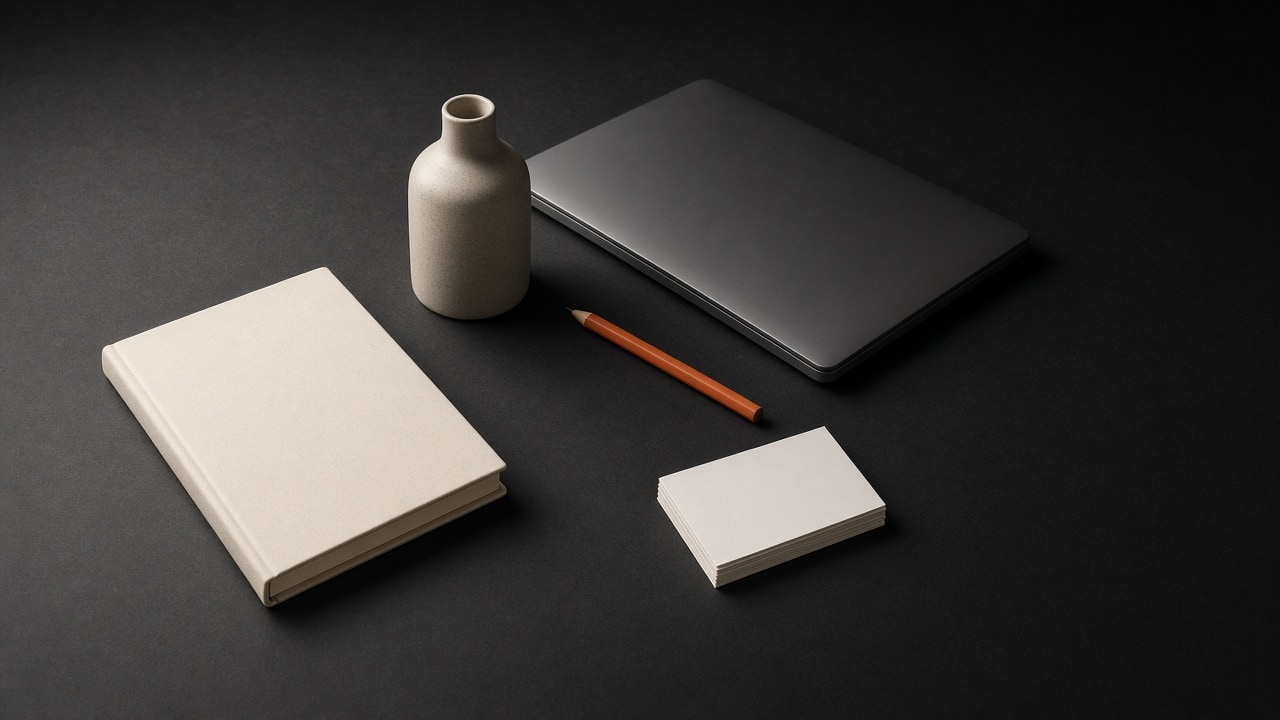 AI-generated consulting still life: notebook, prototype, and notes