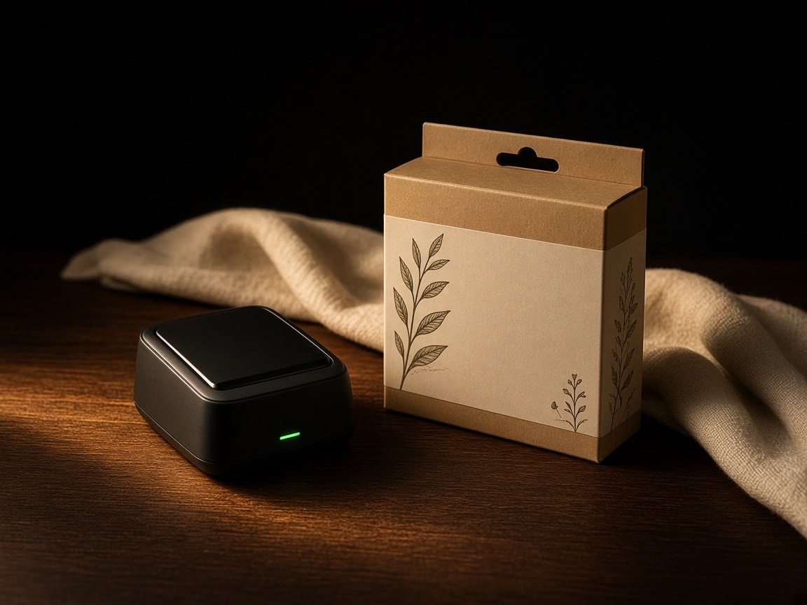 AI-generated product device and packaging on a studio table