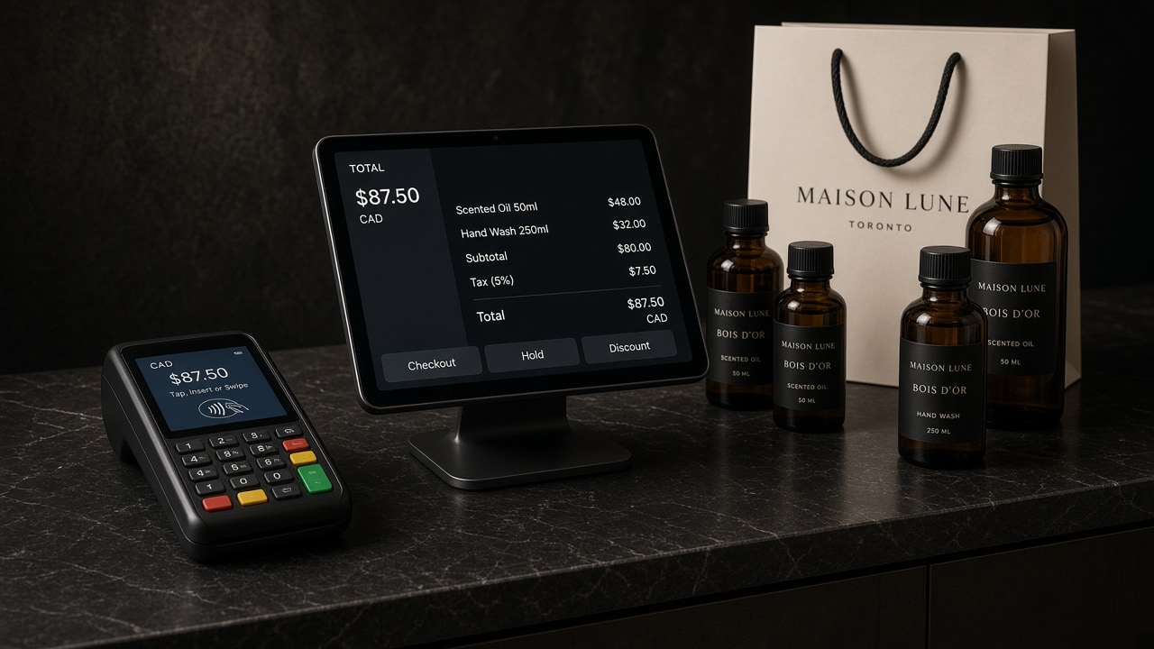 AI-generated retail counter with a card terminal