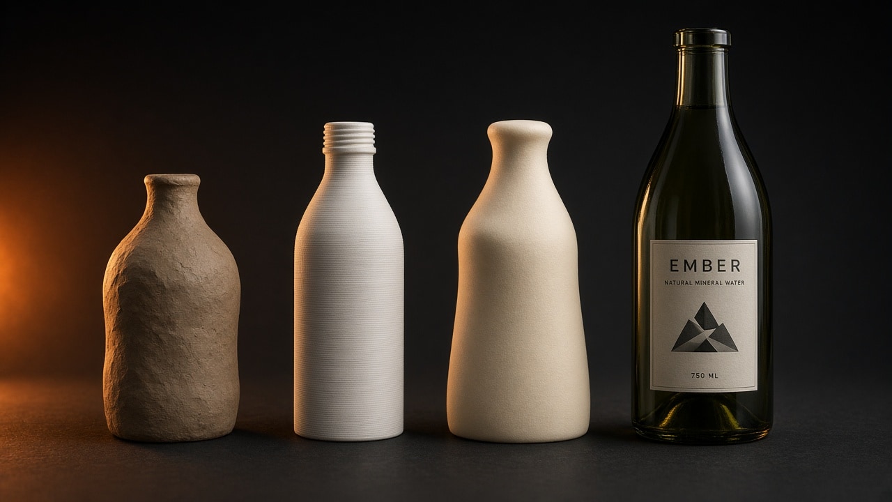 AI-generated product prototypes and a finished bottle