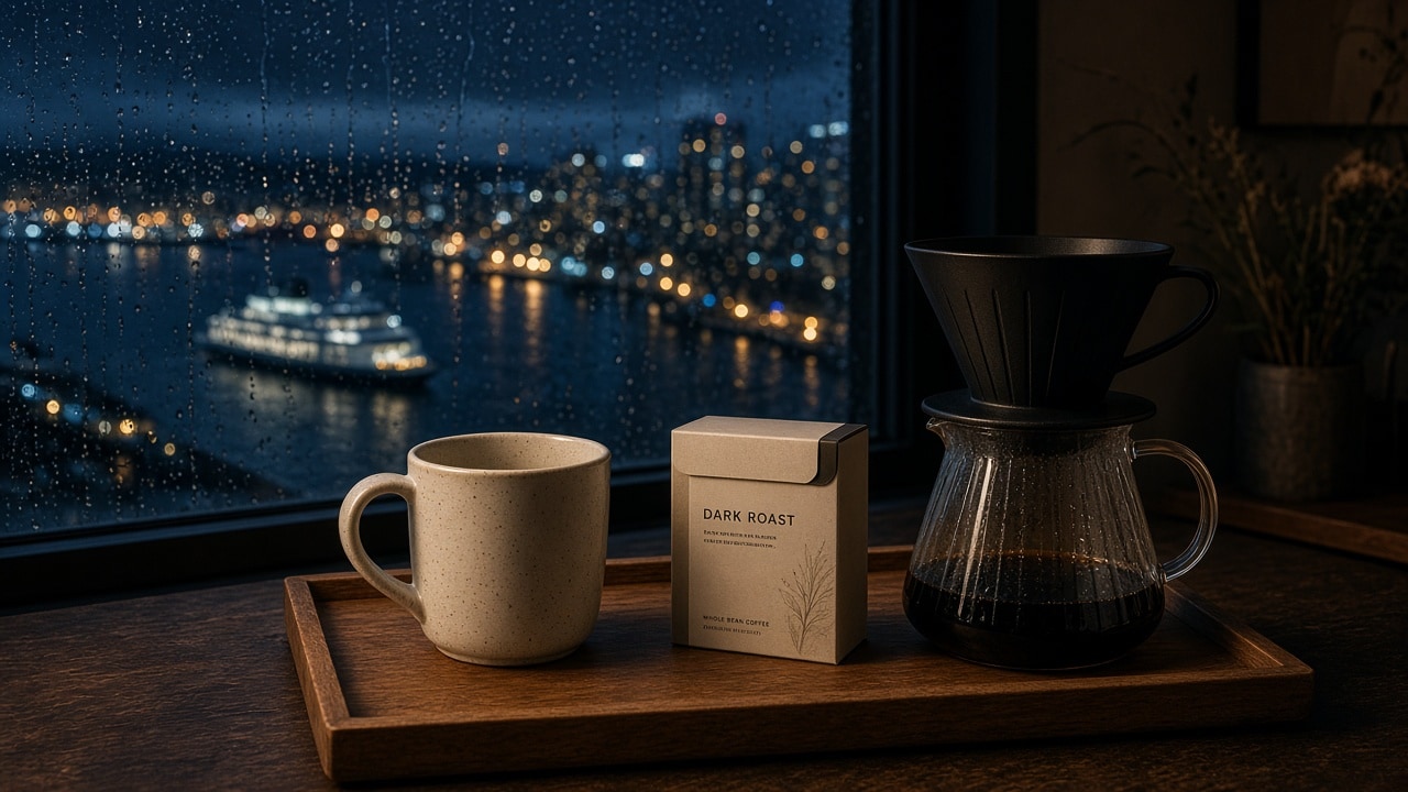 Packaged goods at night with harbour light through the glass