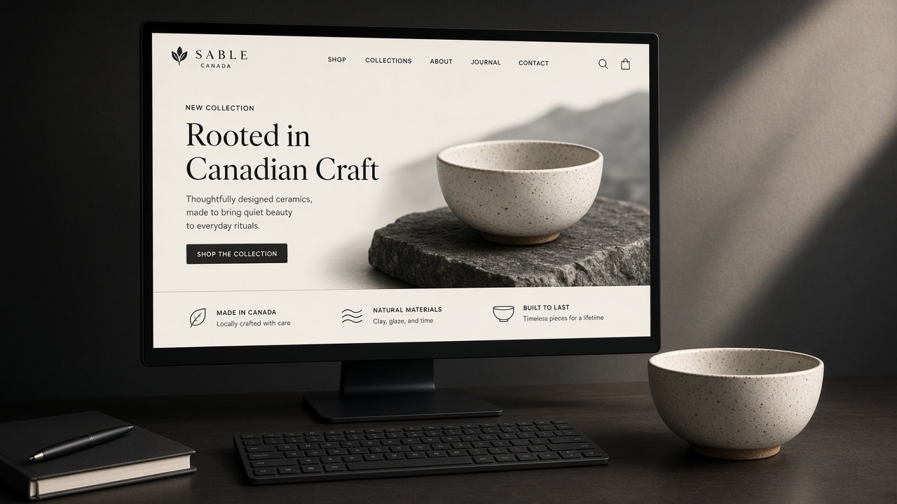 AI-generated product scene of a custom website beside the physical good